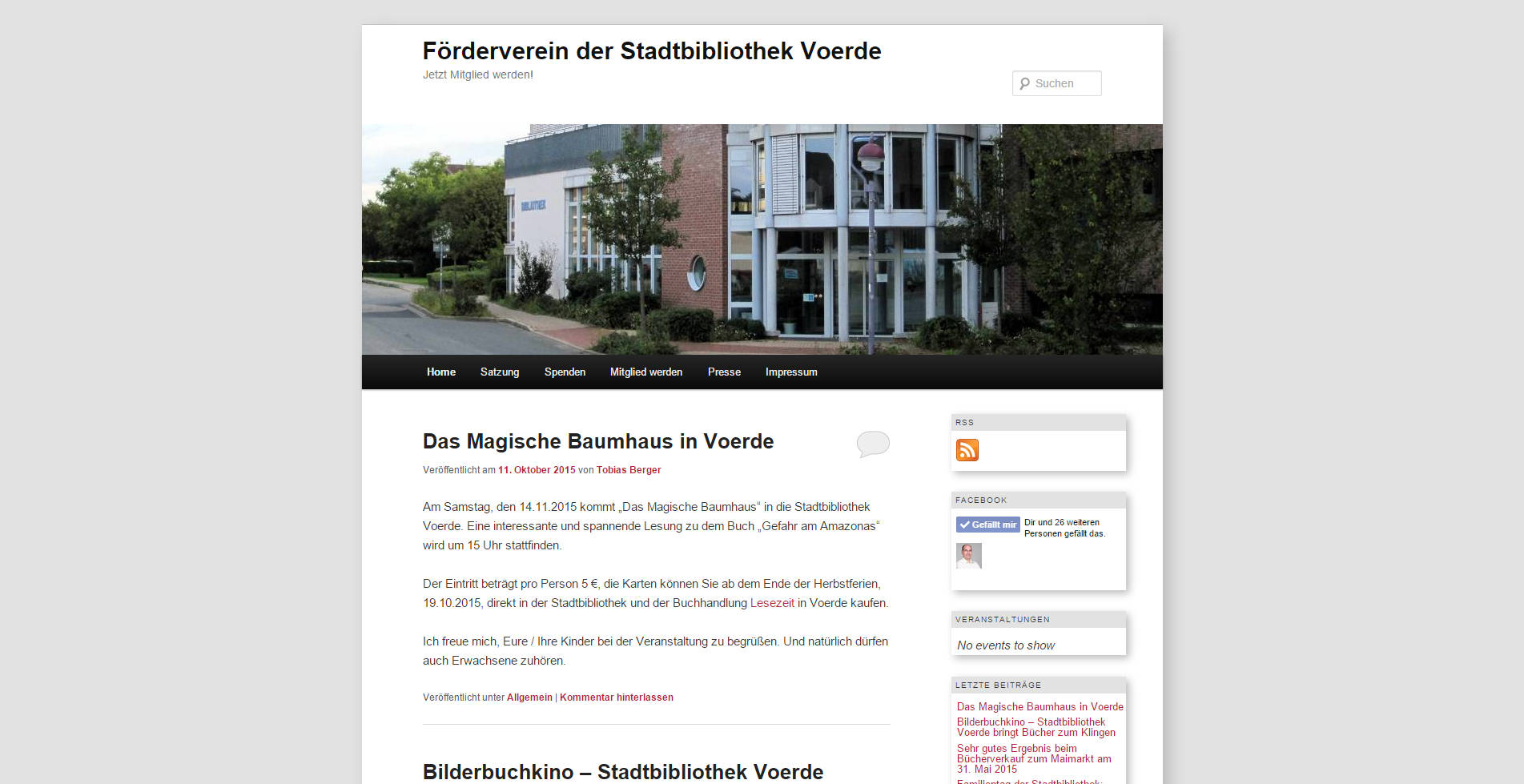 Screenshot der Webseite des Fördervereins der Stadtbibliothek Voerde